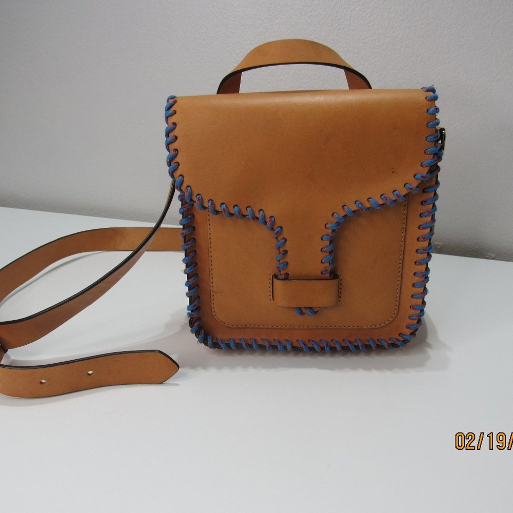 Rebecca Minkoff Leather Midnighter Messenger Crossbody Tan Blue Trim Boho Bag
